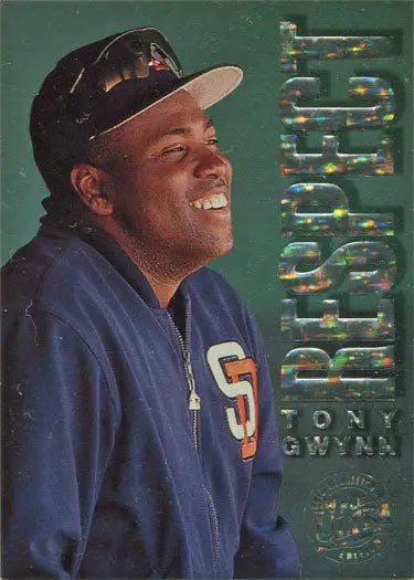 Baseball player in San Diego Padres uniform smiling on 1996 Gold Medallion Edition card