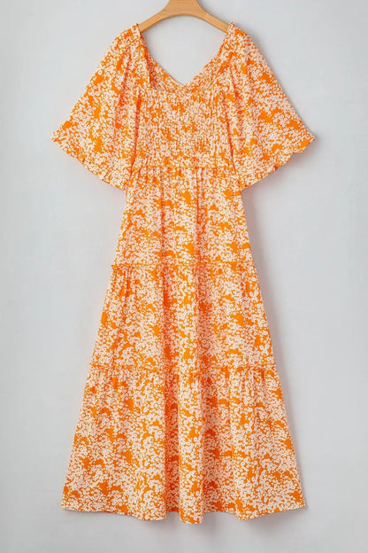 Floral Print Smocked V Neck Wide Sleeve Maxi Dress - dress