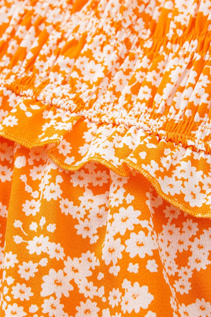 Floral Print Smocked V Neck Wide Sleeve Maxi Dress - dress