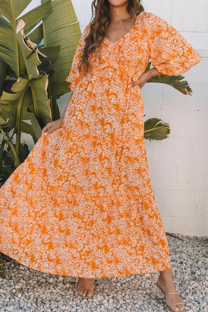 Floral Print Smocked V Neck Wide Sleeve Maxi Dress - dress