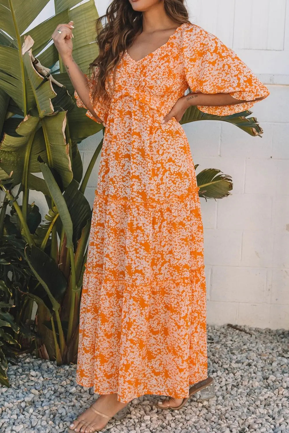 Floral Print Smocked V Neck Wide Sleeve Maxi Dress - dress