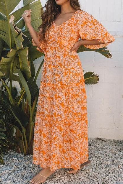 Floral Print Smocked V Neck Wide Sleeve Maxi Dress - dress