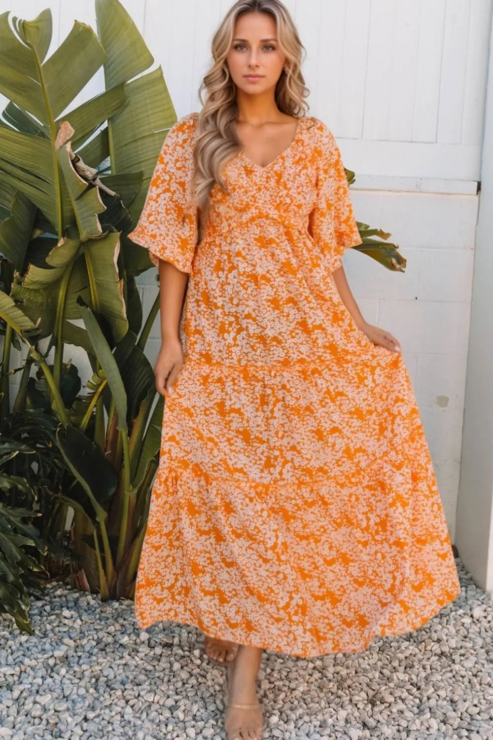 Floral Print Smocked V Neck Wide Sleeve Maxi Dress - Tangerine / S - dress