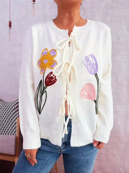 Floral Ribbed Hem Tie Front Cardigan - Cardigan