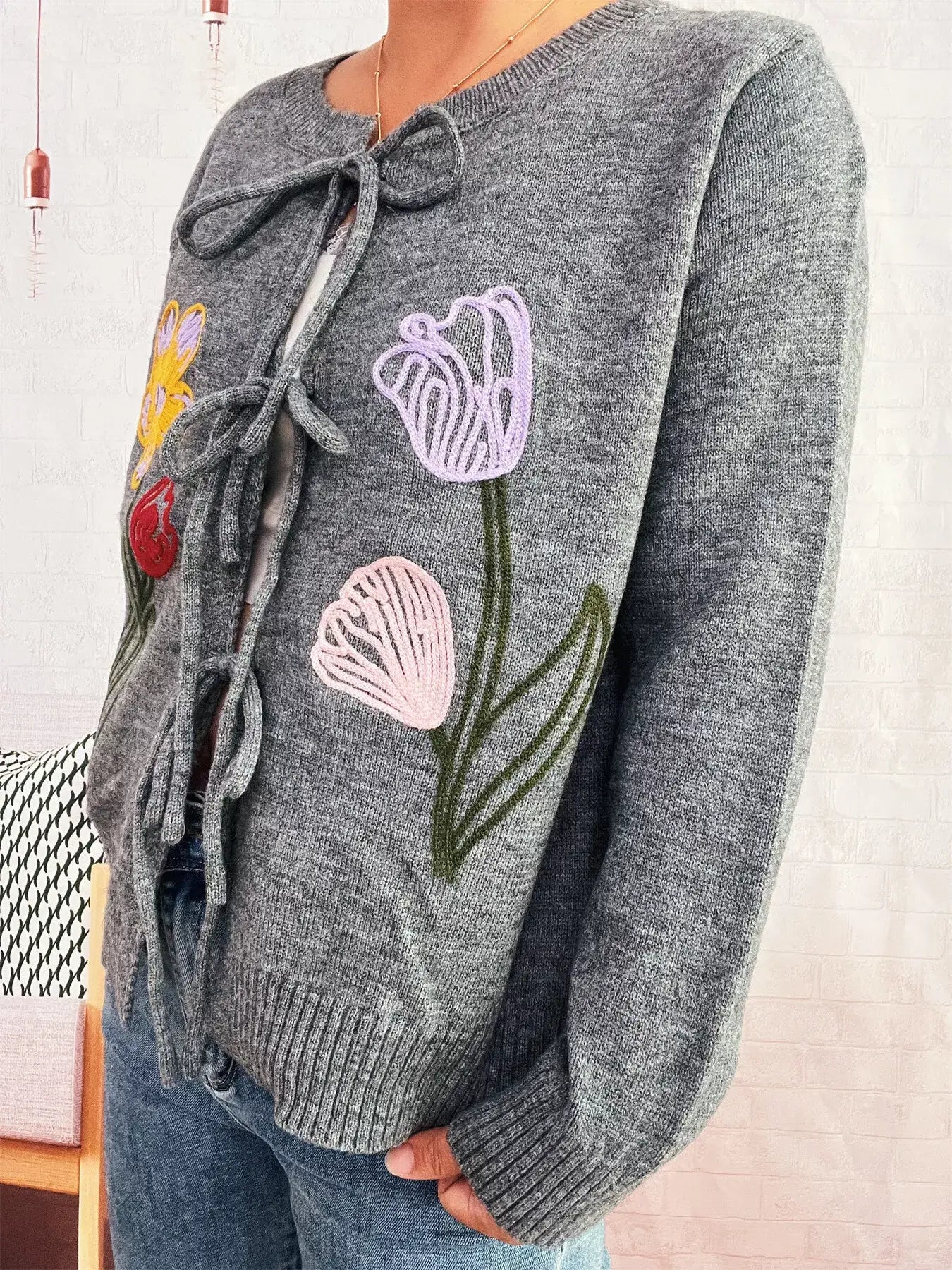 Floral Ribbed Hem Tie Front Cardigan - Cardigan