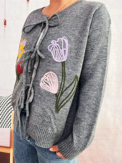 Floral Ribbed Hem Tie Front Cardigan - Cardigan