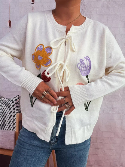 Floral Ribbed Hem Tie Front Cardigan - Cardigan