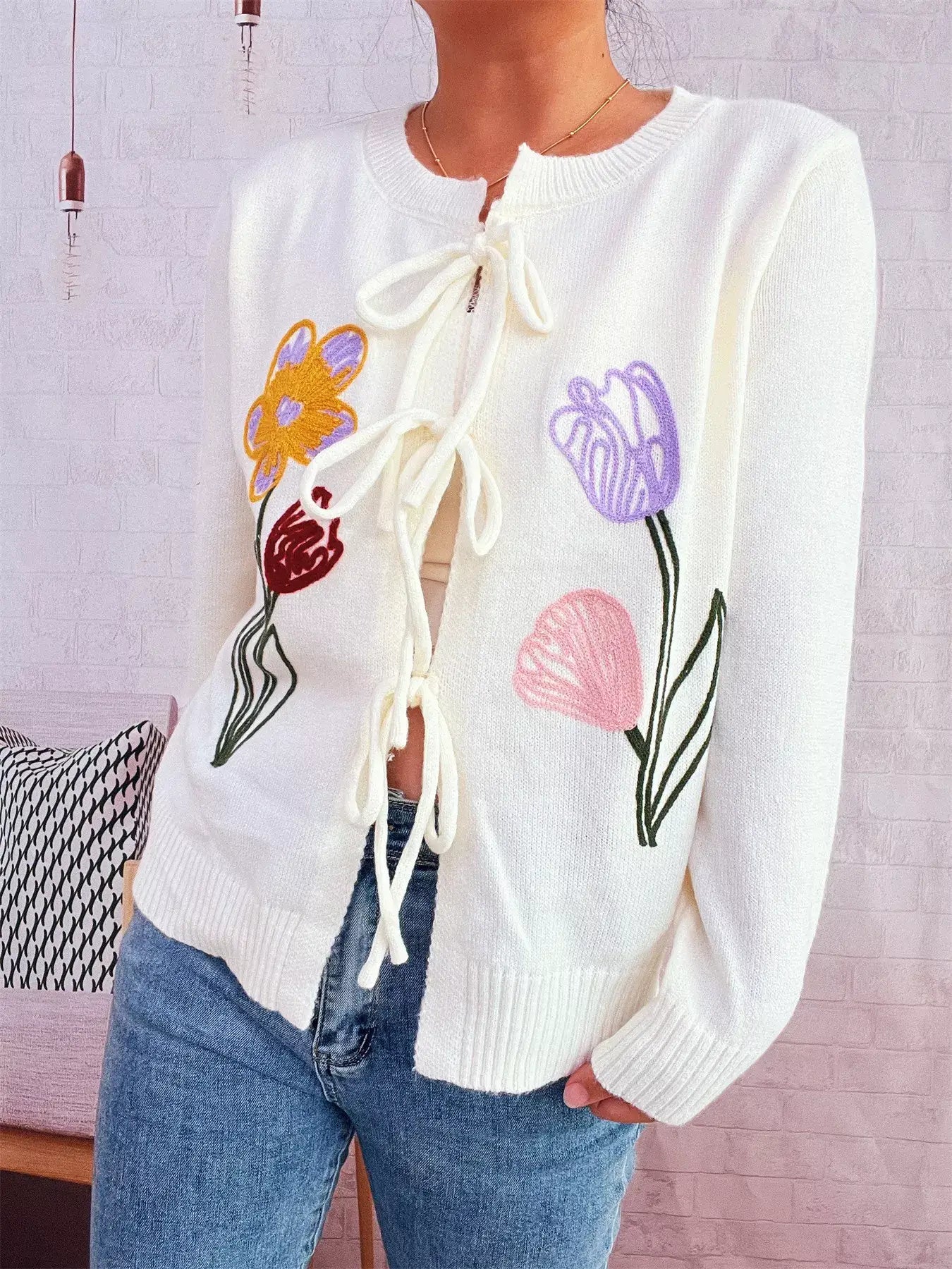 Floral Ribbed Hem Tie Front Cardigan - Cardigan