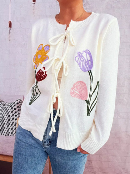 Floral Ribbed Hem Tie Front Cardigan - Cardigan