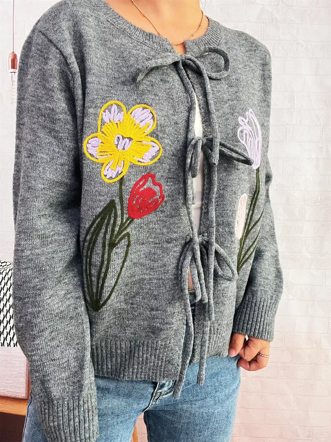 Floral Ribbed Hem Tie Front Cardigan - Cardigan