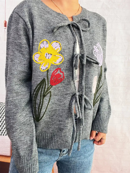 Floral Ribbed Hem Tie Front Cardigan - Cardigan