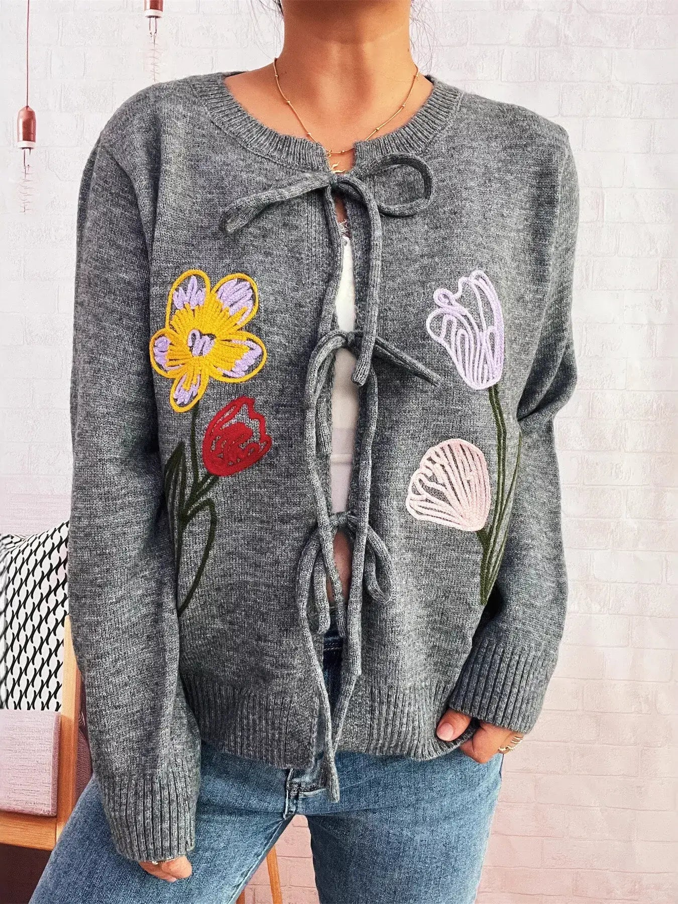 Floral Ribbed Hem Tie Front Cardigan - Cardigan