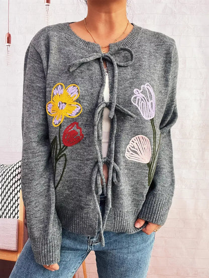 Floral Ribbed Hem Tie Front Cardigan - Cardigan