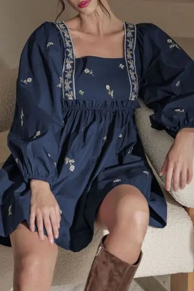 Navy blue floral square neck mini dress with balloon sleeves and delicate embroidery
