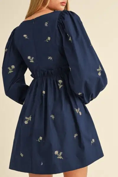 Navy blue floral square neck balloon sleeve mini dress with puff sleeves and embroidery