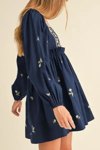Navy blue floral square neck balloon sleeve mini dress with light green embroidery