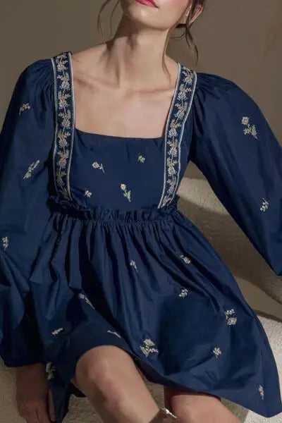 Navy blue floral square neck mini dress with balloon sleeves and embroidery
