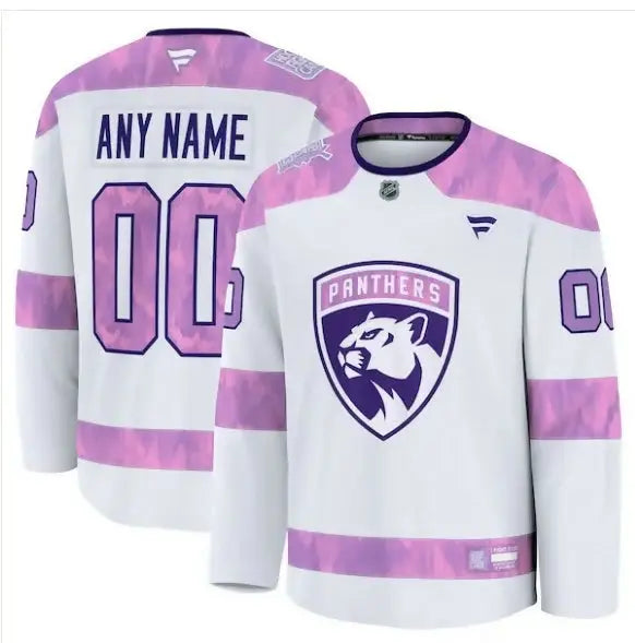 White and pink Florida Panthers hockey jersey with panther logo for 2024 Hockey Fights Cancer