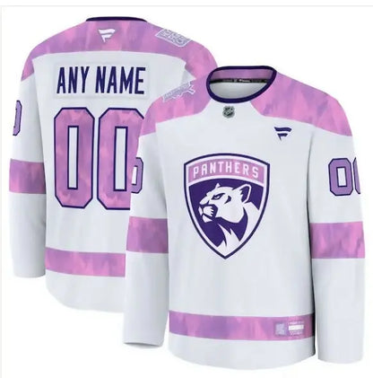 White and pink Florida Panthers hockey jersey with panther logo for 2024 Hockey Fights Cancer