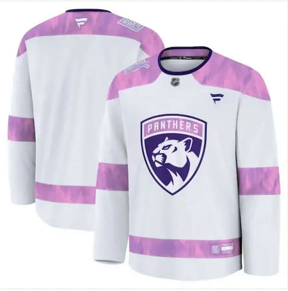 White and purple Florida Panthers hockey jersey with panther logo for Hockey Fights Cancer