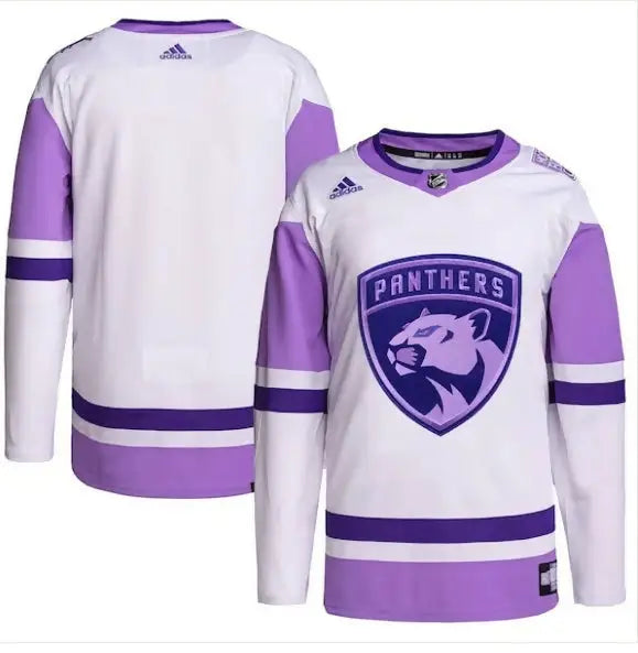 White and purple Florida Panthers hockey jersey with panther logo for practice or game wear