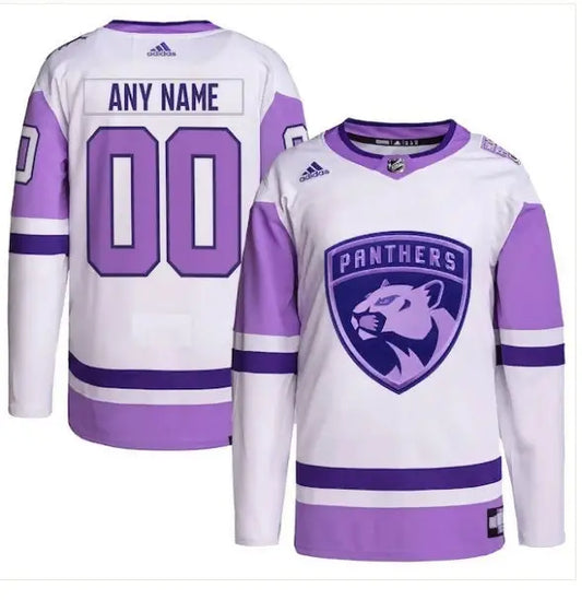 White and purple Florida Panthers Hockey Fights Cancer jersey with Panthers logo