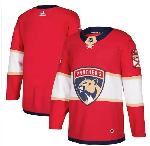 Red and white Florida Panthers hockey jersey displayed in the Florida Panthers adidas home authentic blank jersey product