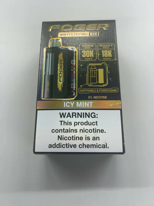 Black and gold Foger Kit Icy Mint vape with 5% nicotine and warning label