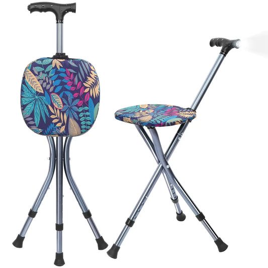 Two floral-patterned cane chairs for seatadjustable walking stick with LED light and height adjustment