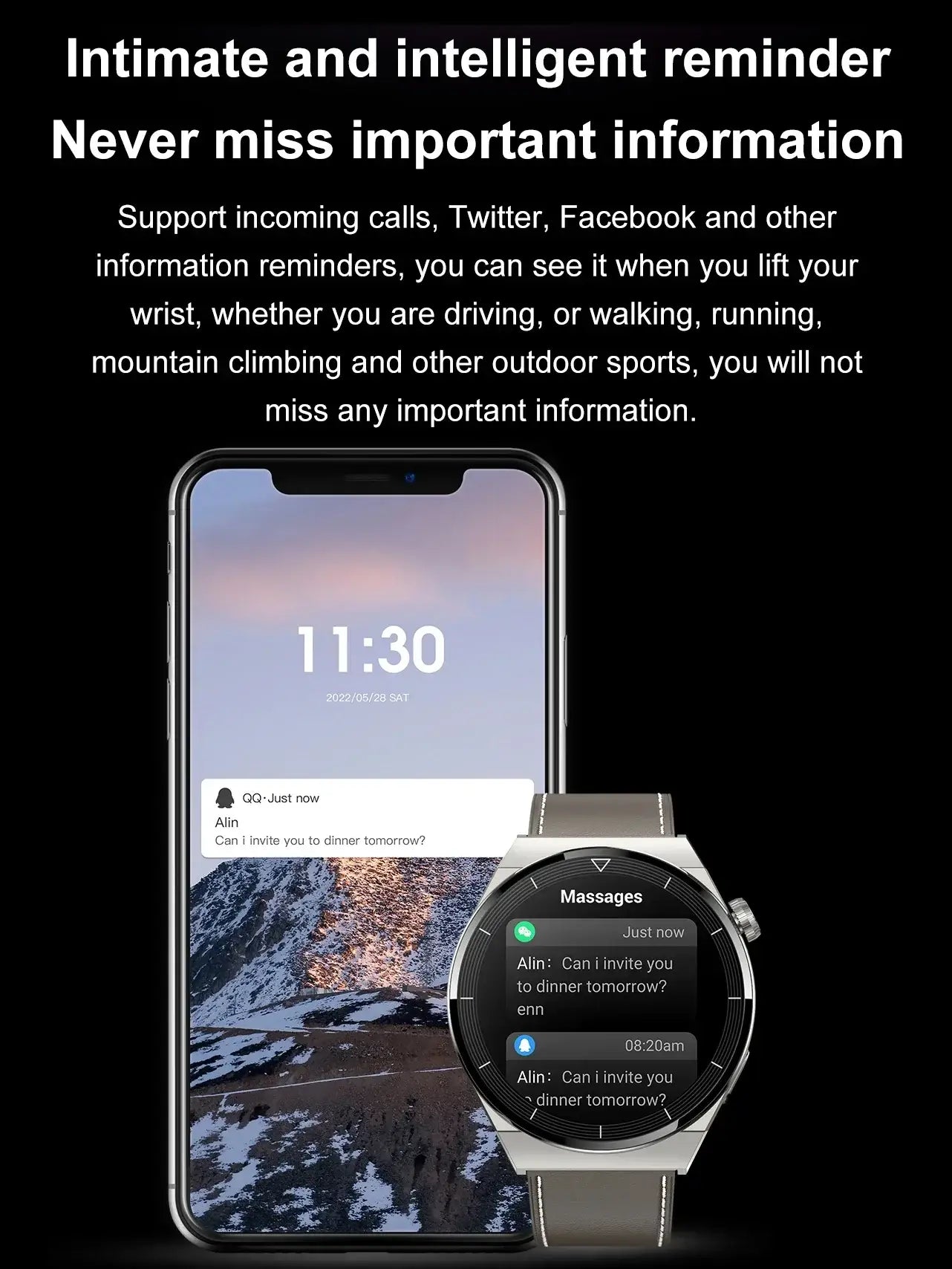 Smartphone and smartwatch displaying message notifications on Huawei Xiaomi NFC GT3 Pro AMOLED