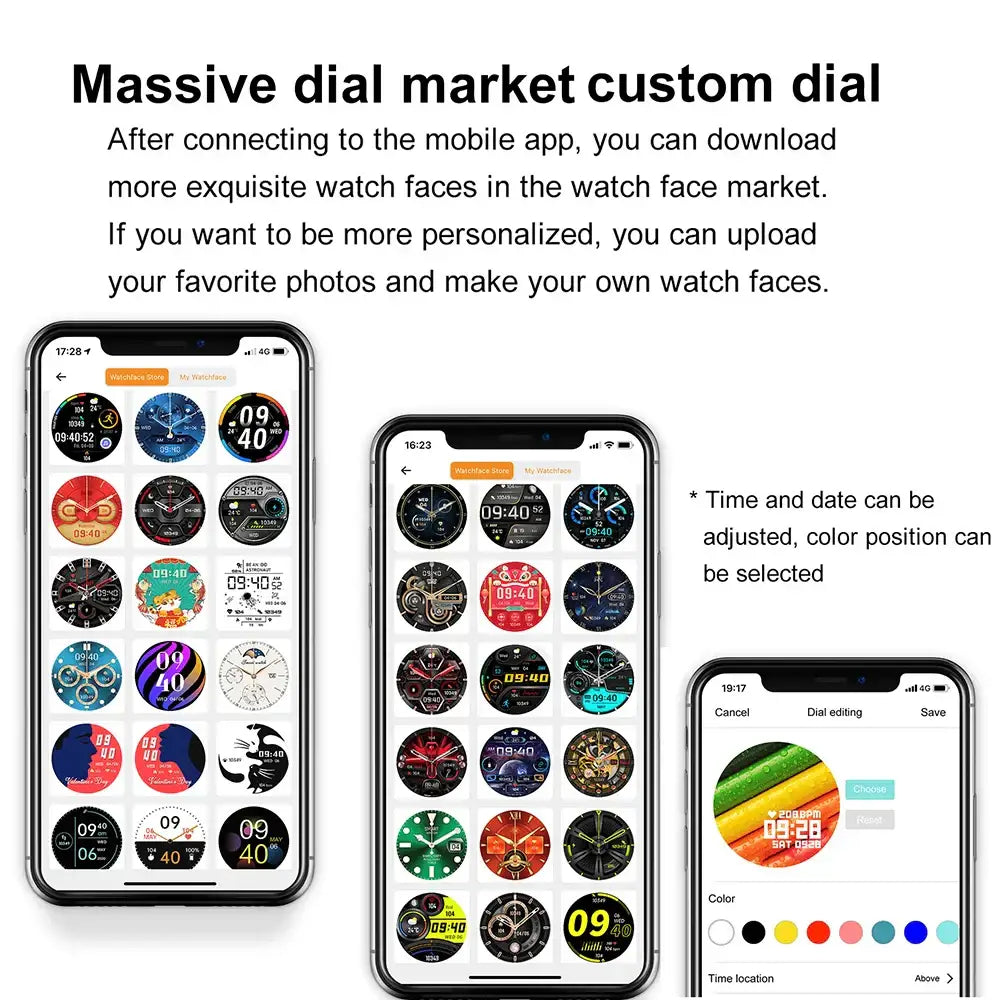 Huawei Xiaomi NFC GT3 Pro AMOLED smartwatch with customizable watch faces on smartphone display