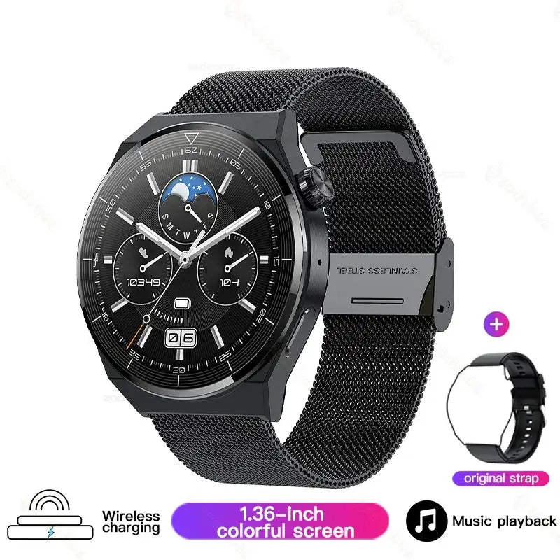 Black Huawei Xiaomi NFC GT3 Pro AMOLED smartwatch with mesh strap and wireless charging