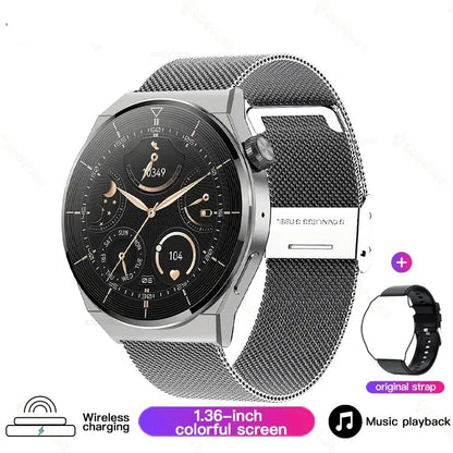 Silver Huawei Xiaomi NFC GT3 Pro AMOLED Smartwatch with black face and mesh band