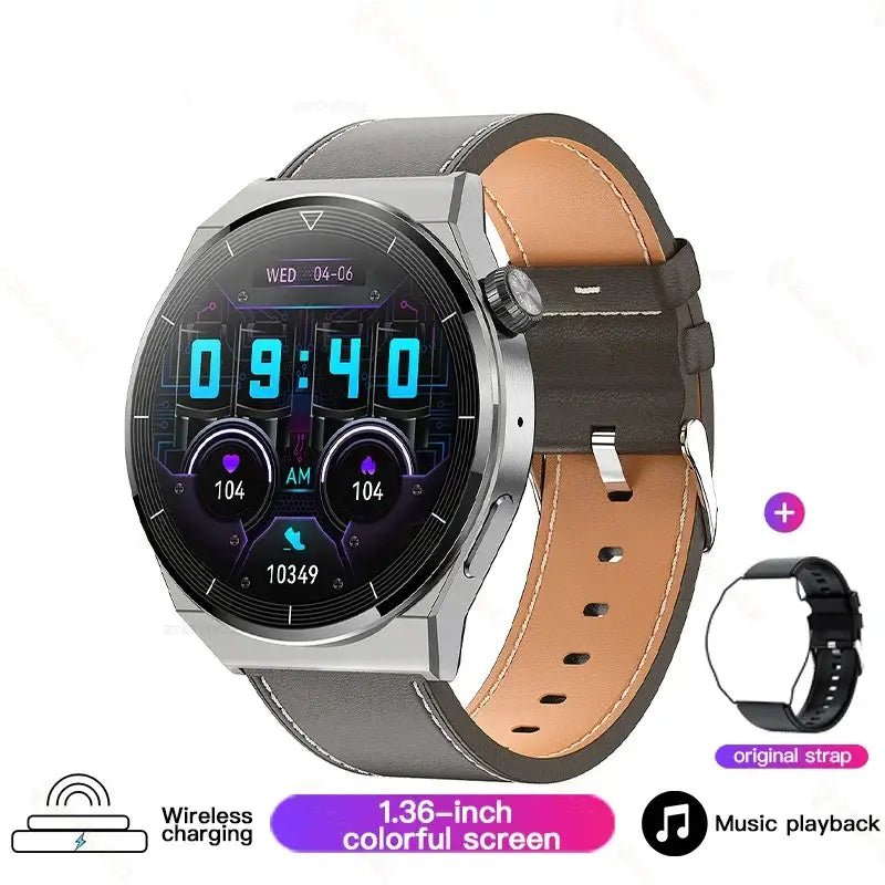 Huawei Xiaomi NFC GT3 Pro AMOLED smartwatch with silver case and brown leather strap