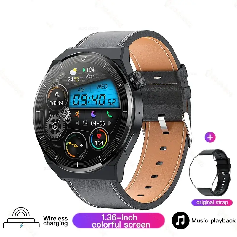 Black Huawei Xiaomi NFC GT3 Pro AMOLED smartwatch with round face, leather strap, and wireless charging