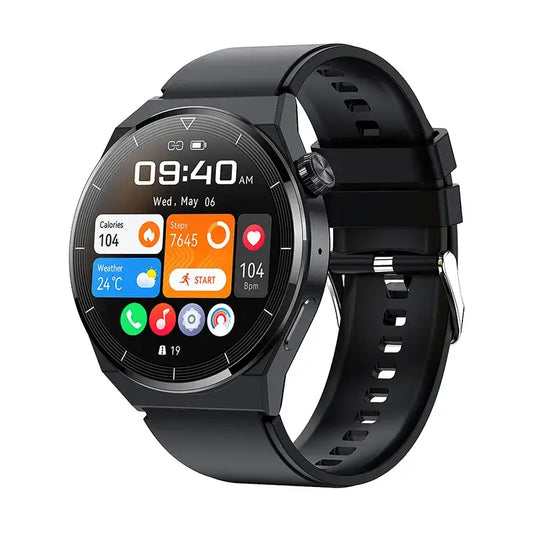 Black Huawei Xiaomi NFC GT3 Pro AMOLED smartwatch with circular display showing time and fitness metrics