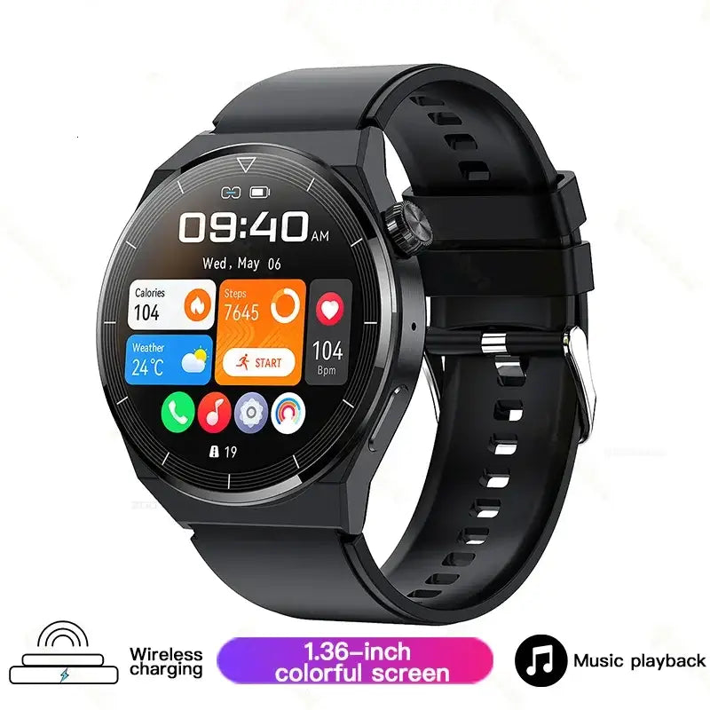 Black Huawei Xiaomi NFC GT3 Pro AMOLED smartwatch with round display showing time and fitness metrics