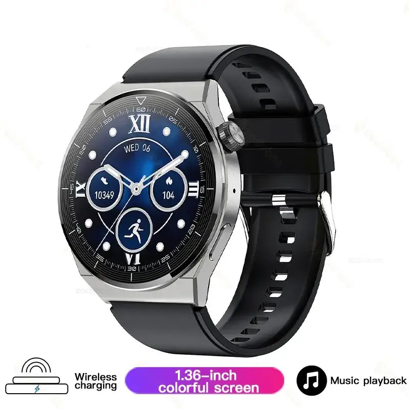 Huawei Xiaomi NFC GT3 Pro AMOLED smartwatch with black strap and blue digital display