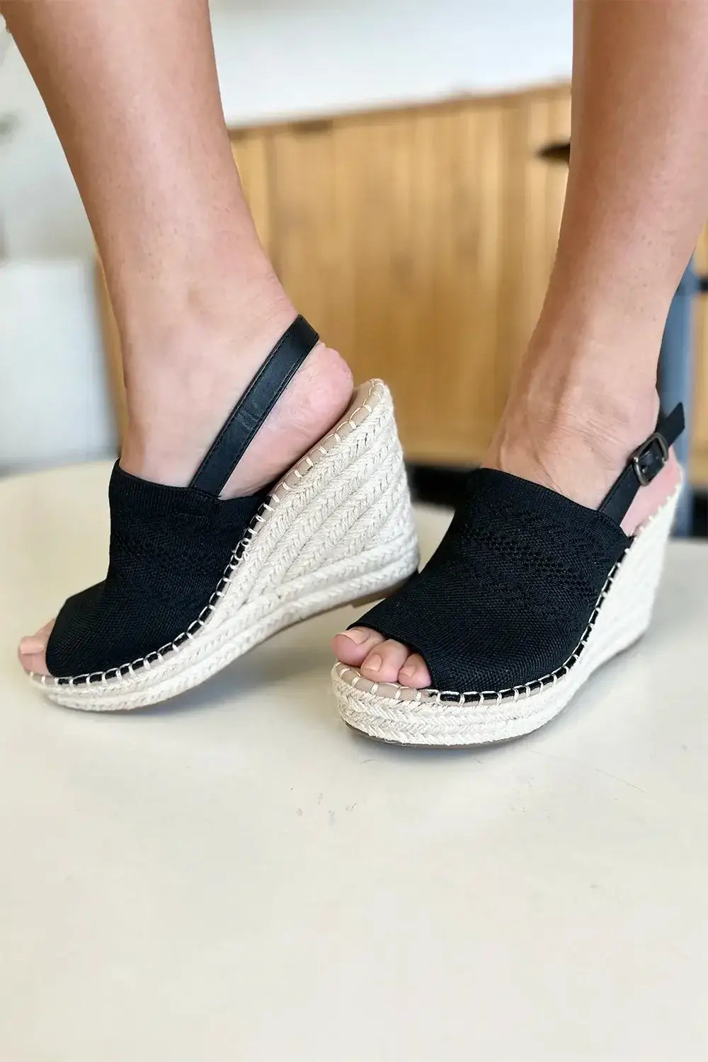 Black espadrille wedge sandal with woven sole and ankle strap for Forever Link peep toe high heel shoes