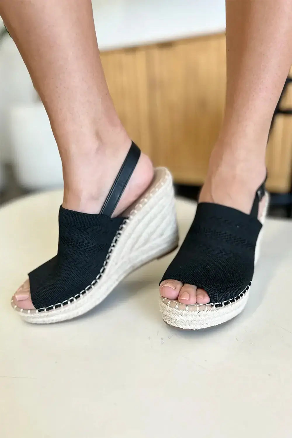 Black espadrille wedge sandal with woven sole and ankle strap for Forever Link Peep Toe High Heel Sandals
