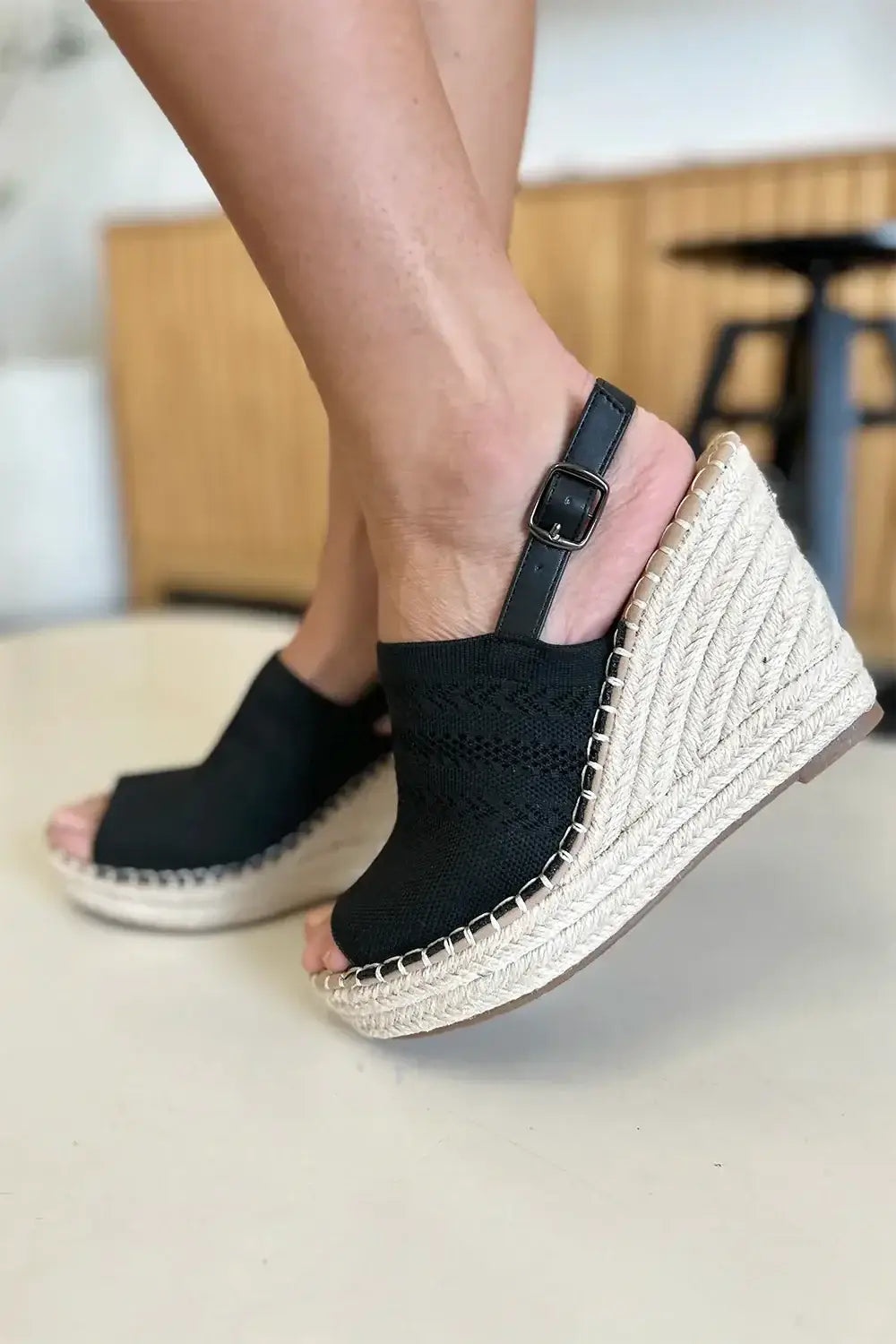 Black wedge espadrille sandal with pink lining and woven sole from Forever Link Peep Toe High Heel Sandals