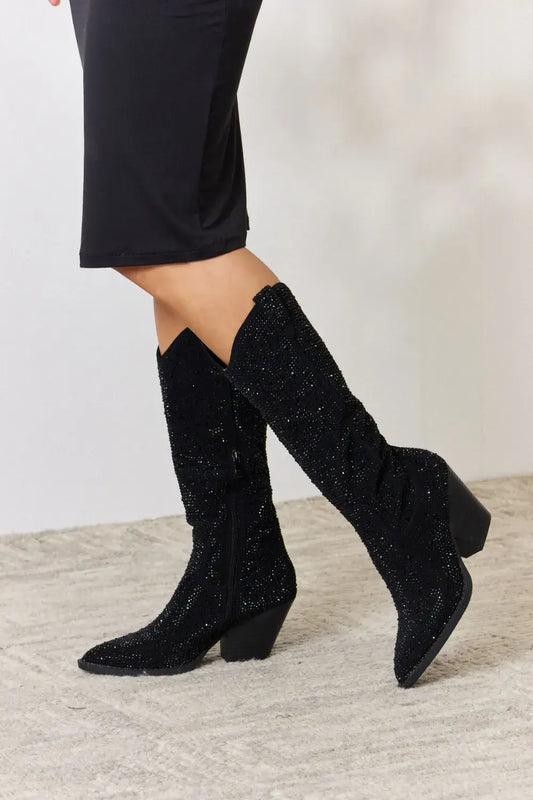 Forever Link Rhinestone Knee High Cowboy Boots - Black / 6