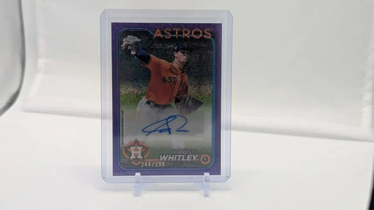 Framed baseball card of Forrest Whitley from 2024 Topps Chrome Update Auto /299 RC