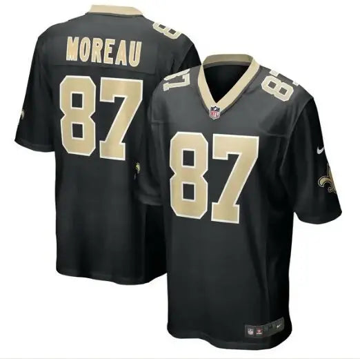 Black and gold Foster Moreau New Orleans Saints Nike Game Jersey with MOREAU on the back
