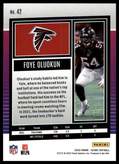 Foye Oluokun football card from 2022 Score Atlanta Falcons series