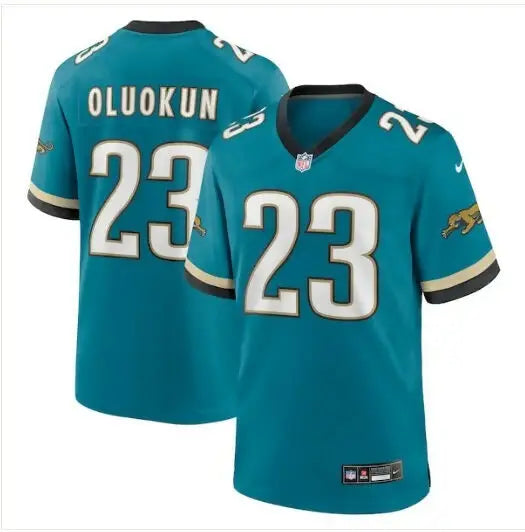 Teal Jaguars Nike Prowler Throwback Foye Oluokun game jersey with white numbers and trim