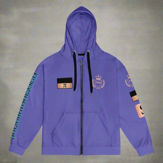 Unisex multicolor purple zip hoodie with black drawstrings and colorful patches