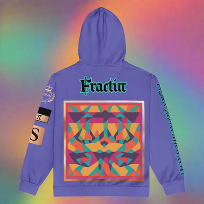 Unisex multicolor purple zip hoodie with colorful geometric pattern and text on back