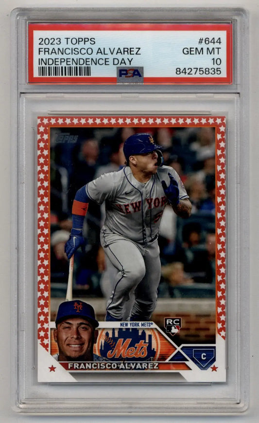 PSA 10 Gem Mint Francisco Alvarez 2023 Topps Independence Day baseball card in case