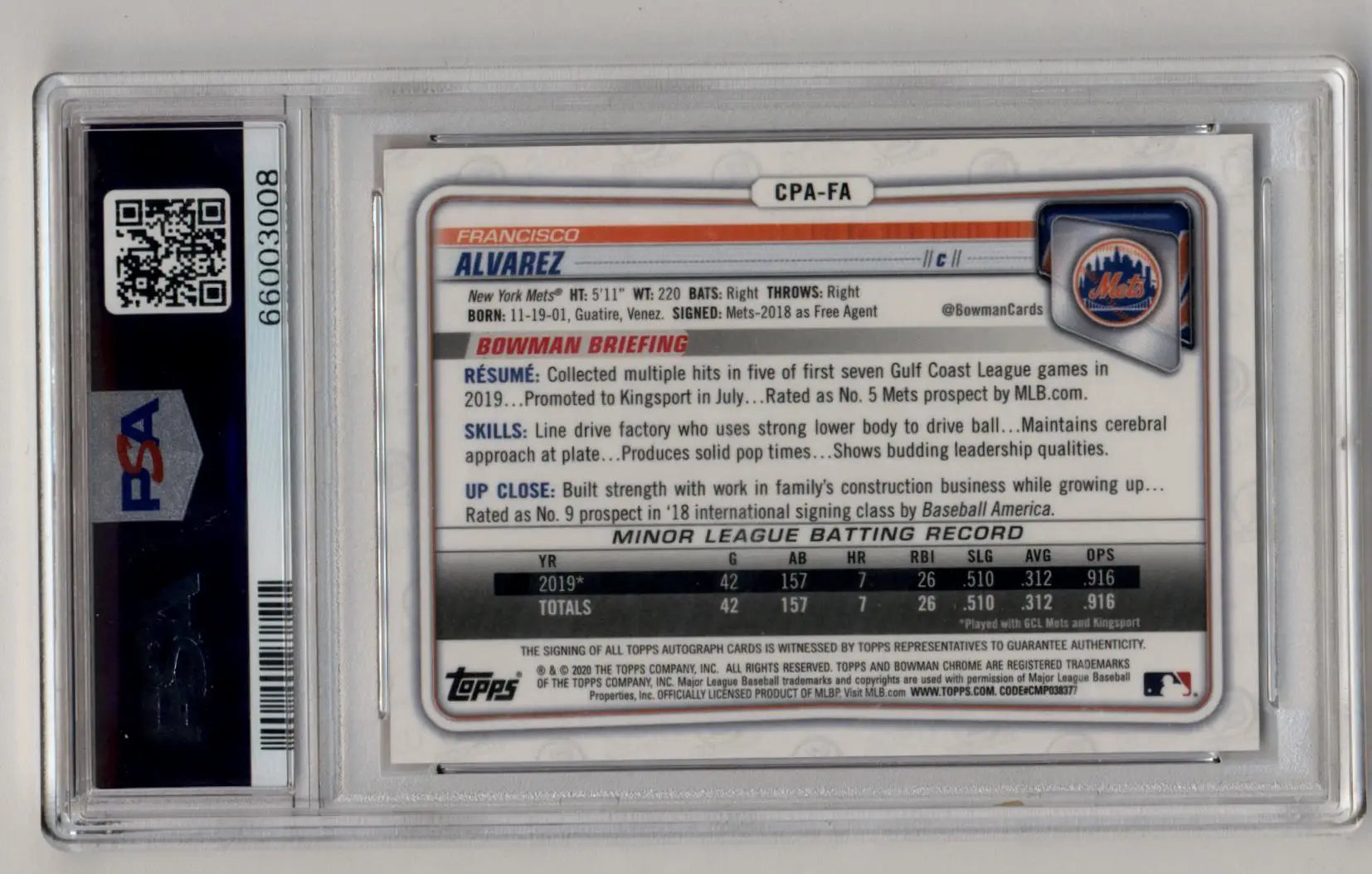 Francisco Alvarez 2020 Bowman Chrome Prospect Auto Orange Refractors 04/25 PSA 10 Gem Mint Auto 10 - Singles